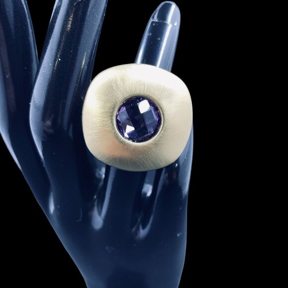 18K Gold Plated Statement Ring Purple Crystal Bold Cocktail Retro Modern Chic - Picture 2 of 8